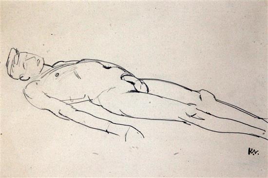 § Keith Vaughan (1912-1977) Reclining nude c.1960 and Figures in an interior II, c.1940, 7 x 10.5in. & 5.5 x 8in. Sold with a copy of K